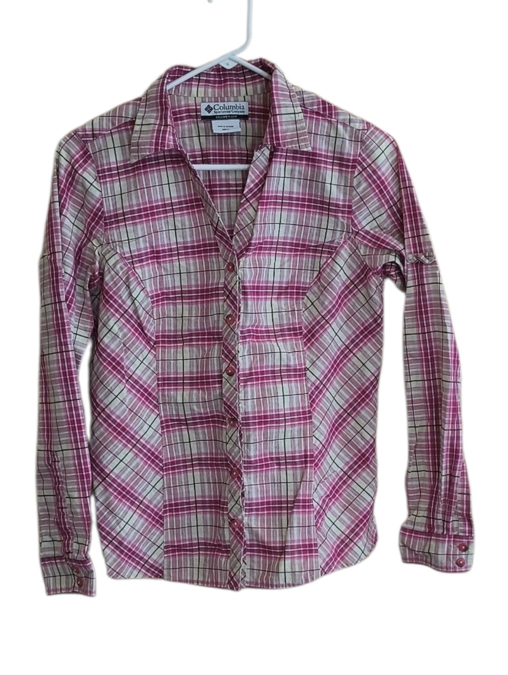 Columbia Women's Pink and White Plaid Button-Down Shirt Size S